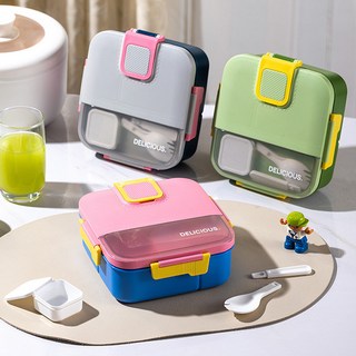 大容量分格飯盒 學生上班族午餐盒 可微波加熱方形餐盒, 1個, 粉紅色,飯盒含餐具蘸料盒, 粉紅色