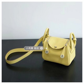 頭層牛皮mini醫生包，單肩斜挎，大象灰，Lindy手提包, 1個, 小雞黃【銀扣】19cm