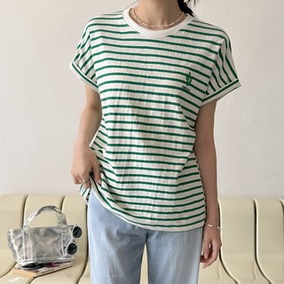 데일리앤 아르닌 여성 스트라이프 반팔 자수 롤업 캡소매 나시티 이너 슬라브 면 티셔츠