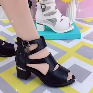 鏤空魚嘴粗跟羅馬涼鞋，夏季新款女士皮鞋, 25 cm, 黑色