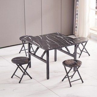 折疊桌 家用 擺攤 方形 (60cm x 60cm 黃木紋), 【四把凳子】仿黑理石