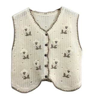 女士鉤針針織背心，復古多彩花卉圖案，無袖開衫，V領，鈕扣，短版