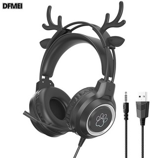 DFMEI G35貓耳電競耳機學生電腦專用3D環繞耳麥頭戴式有線遊戲耳機, SY-G35【鹿耳黑色】PS5發光耳機(配贈一分二線), 如圖