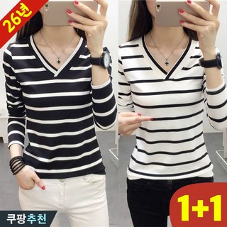 DEARHUA 1+1 여성 단가라 기본 슬림 배색 브이넥 긴팔 티 봄 가을 편한 빅사이즈 추천 v넥 줄무늬 패션 캐주얼 베이직 코디 홈웨어 심플 스판 디자인 큰옷 일자 티셔츠 세트