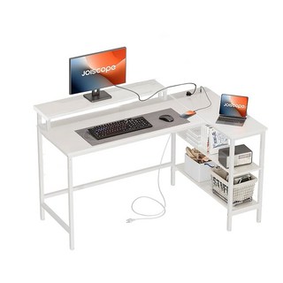 joiscope L型電腦桌，附螢幕架及側邊收納架，白色簡約設計, 白色