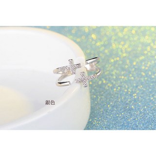 利百加禮品生活館 雙十字架開口戒指 閃鑽 銀色 玫瑰金 基督教禮品 福音禮品