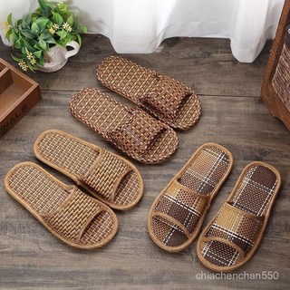6/18大促 新款夏季藤草編織涼拖鞋輕便平底臥室居家情侶男女透氣亞麻涼拖鞋 KGNY, 2025手工草蓆編織鞋【編織格色】,37-38碼適合36-37的腳