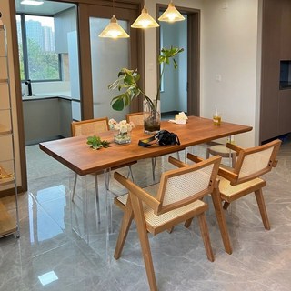 實木餐桌 櫻桃木懸浮長方形飯桌 小戶型原木餐桌, 尺寸/顏色/可定制【松木桌板】,120*60*75cm厚5cm亞克力桌腿