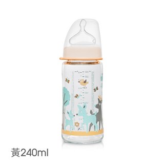 【NIP】德國製專利防脹順哺玻璃/PP奶瓶加贈母乳儲存蓋-拇指/圓型(M號奶嘴), 1個, 玻璃拇指型 黃240ml-B款螺牙, 黃, 240ml