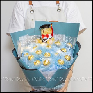 畢業花束 畢業熊 豪華版金莎18顆花束(附燈串．療癒藍)A012 金莎花束 燈光花束 泰迪熊花束, 1個, 藍色