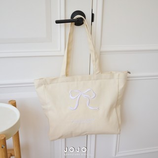 JOJO 刺繡蝴蝶結帆布包 手提袋 購物袋 少女托特包 大容量包包 手提包 筆電包 電腦包