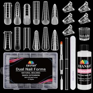 EBANKU 폴리 젤 네일 폼 키트 빌더 288PCS 재사용 한 듀얼 25온스 슬립 솔루션이 포함된 몰드 브러시 파일 5PCS 클립 12가지 모양, 12 Shapes Set_288PCS, 1개