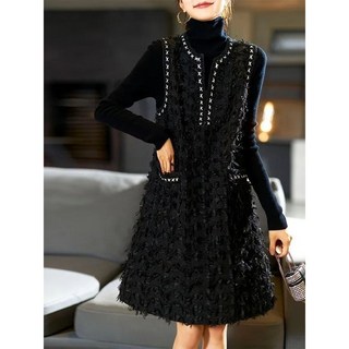 여성용 모직 트위드 원피스 A라인 민소매 원피스 Women's skirt