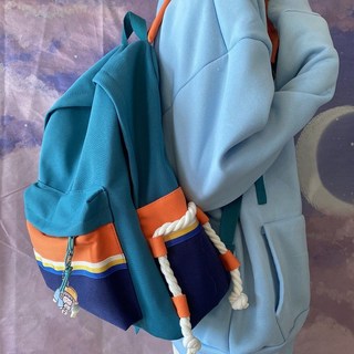 泡芙小店 森系百搭雙肩背包 大容量高中大學書包, 藍色升級【承重加強】整體加固更耐用,書包+珠鏈+太空人