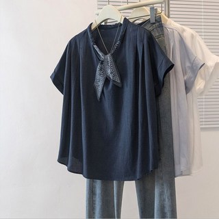 【遮肉顯瘦】拼接T恤 女T恤 短袖T恤 韓繫上衣 寬鬆T恤 大碼女裝 領帶拼接設計 冰絲棉面料 夏季百搭 通勤休閒兩穿