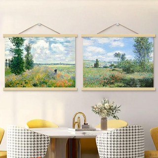 桃園出貨 莫奈油畫布藝掛畫 ins風電錶箱免打孔餐廳臥室背景牆壁裝飾遮擋畫, JZ022-08-水面上的光影,寬40*高30cm（原木色實木掛軸）