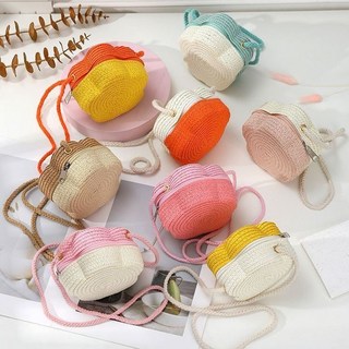 鏤空針織兒童草編斜挎包，可愛沙灘編織包，公主寶寶洋氣零錢腰包