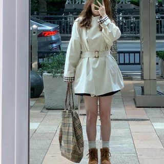 米白色中長款風衣外套 女春秋季新款韓系寬鬆休閒英倫風大衣