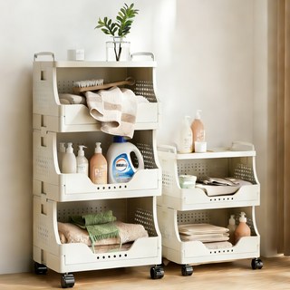 리보아 이동식 틈새 트롤리 접이식 주방 수납장 카트 2단 3단, 화이트그레이