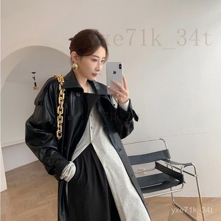 【臺灣出貨】 2024年新款英倫風複古長版皮衣外套 機車皮衣外套女 中長款大衣 收腰顯瘦PU長皮衣 美拉德外套 皮外套