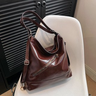 油皮大包PU托特包撞色拼接大容量通勤包, 棕色