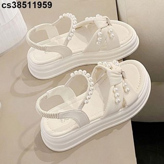 珍珠厚底涼鞋 夏季沙灘鬆糕涼鞋 小香風配裙涼鞋, 米白色升級版防滑,40