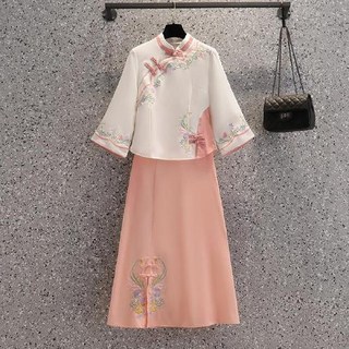 民國風女裝 大碼改良漢服 五四青年裝 復古中國風學生服, 白粉上衣+粉色半身裙【套裝】,5XL【建議155-160斤】