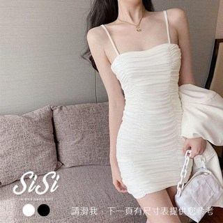SISI【D20048】韓版細肩帶低胸包臀皺褶雲朵裙襬連衣裙，性感修身約會派對穿搭首選, 黑