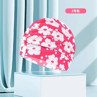 成人加大泳帽男女長髮護耳布時尚褶皺印花游泳帽, 粉底白花, 1個