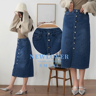 NEWLOVER 牛仔長裙 鬆緊腰排釦設計 經典百搭