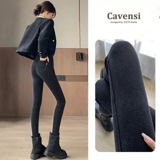 【Cavensi】彈性極佳 S-5XL 鉛筆褲 小黑褲 大尺碼加絨牛仔褲 冬天羊羔絨褲 保暖小腳褲 超彈牛仔褲女 30T