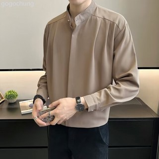 秋季男士襯衫長袖2024新款潮流純色簡約上衣時尚立領帥氣打底襯衣