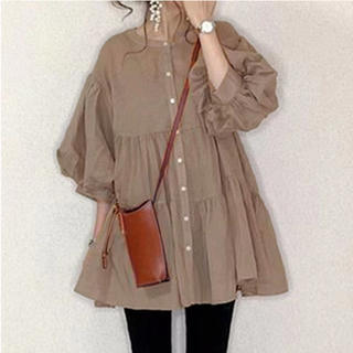 Kdragon 여성 내추럴 루즈핏 A라인 퍼프소매 셔링 7부 블라우스 데일리 캐주얼