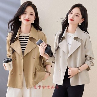 有裡布 韓版女生短板風衣外套雙排釦小個子質感中短版風衣外套 挺版西裝外套Chic簡約風衣 秋冬外套