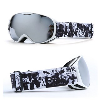 HX09兒童雙層防霧雪鏡/亞版兒童滑雪鏡（可佩戴眼鏡）, 1個, 白框銀片（塗鴉）