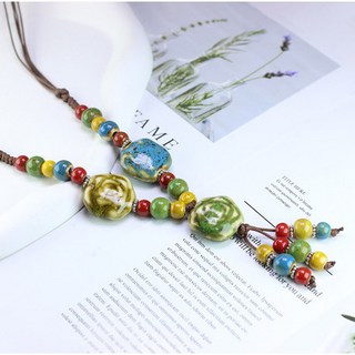 鴻利首飾廠 煙雨江南新中式複古長款陶瓷項鏈，波西米亞禪意毛衣鏈掛脖配飾