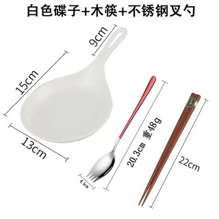 桃園出貨 韓版大勺子 白色網紅餐具韓系手持碟 網紅勺 手柄盤 單柄盤 網紅手拿碟 柄盤子有柄手拿接菜盤子, 套裝（白色碟+木筷+不鏽鋼叉勺, 1個