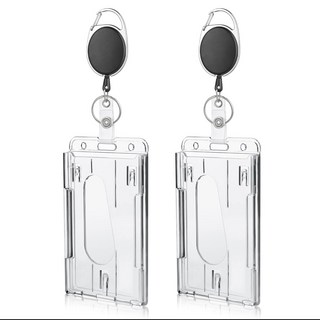 [매일마켓] 폴리카보네이드소재 내구성 뛰어난 투명하드 듀얼 카드홀더 + 릴 스트랩 분실방지 (학생증/사원증/교통카드/아파트출입카드/어르신신용카드분실방지), 2개, 세로