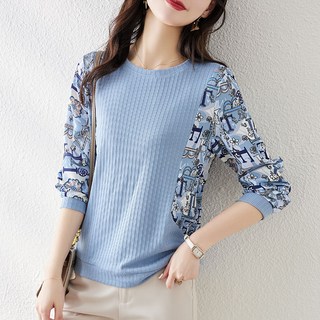 여성 긴팔 쉬폰 블라우스 캐주얼 패치워크 라운드넥 긴팔 니트 봄 가을 여자 긴소매 상의 YSQ