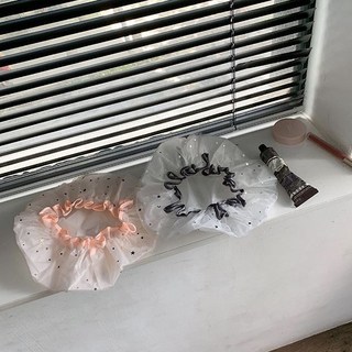 韓風星星月亮印花雙層網紗少女防水浴帽 洗澡沐浴家用學生宿舍幹髮帽 嚴選品質時尚新款髮帽, 1個, 黑色+橘色