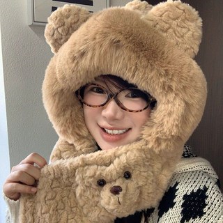 小熊毛絨帽子圍脖二合一女加厚帽子冬天毛茸茸騎電動車保暖護耳帽