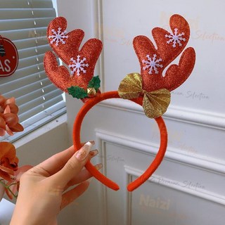 新竹出貨 卡通毛絨頭飾髮箍可愛麋鹿聖誕樹頭箍鹿角髮卡小鹿髮飾聖誕節裝飾, 卡通-紅鹿角鈴鐺髮箍, 1個