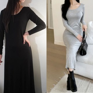 가리안 무지 슬림 H라인 롱 원피스