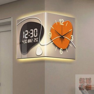 LED靜音掛鐘：雙面轉角萬年曆電子壁鐘，客廳裝飾創意拐角鐘錶, A-時來運轉,36*36cm 無燈款【數顯屏+插電款】