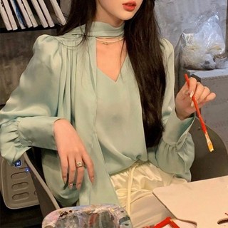 韓版高級氣質緞面襯衫 女款秋季新款 顯瘦設計寬鬆長袖襯衫