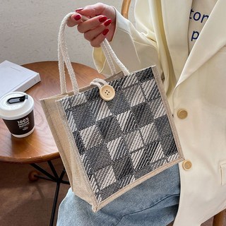ins網紅亞麻手提袋2024新款手拎便當包女ins學生百搭收納禮品袋子