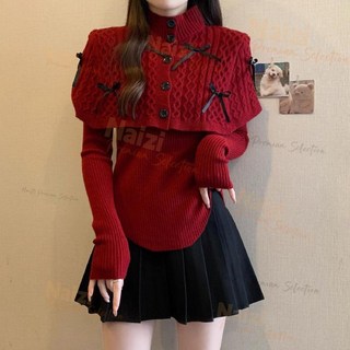 新竹出貨 聖誕穿搭斗篷披肩紅色毛衣2025年秋新款半高領長袖針織衫上衣女裝