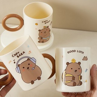 卡皮巴拉卡通兒童家用漱口杯刷牙情侶牙刷可愛洗漱高顔值牙缸 RIAJ, 1個, 揹包卡皮+聽歌卡皮【2個裝】卡通暖咖