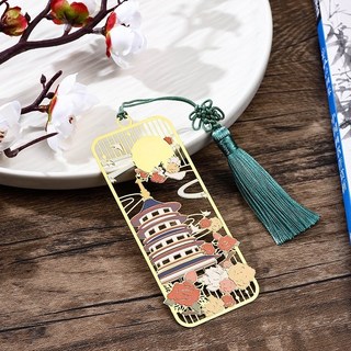 Super歐爸 古典貓咪金屬書籤 貓咪書籤 貓書籤 古風書籤 國風書籤 古典書籤 胖貓書籤 高顏值 送老師, 1個, 古風建築-C款