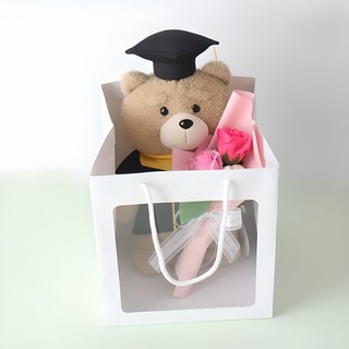 MORIANN 熊麻吉學士帽娃娃+玫瑰香皂花束+手提袋, 粉色(花束), 1組